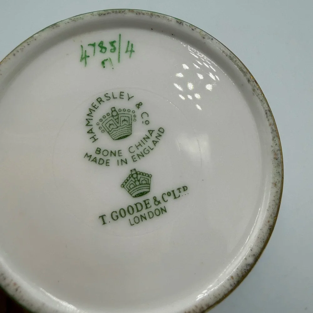 Rare Hammersley T Goode London Bone China Demitasse Cup Saucer Green Gold Bird